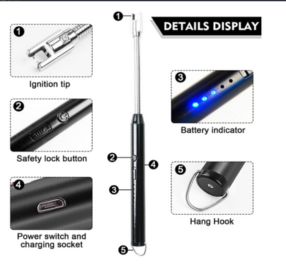 Electric Lighter With USB Charging For Kitchen - Led Battery Display Rotate 360 Degrees